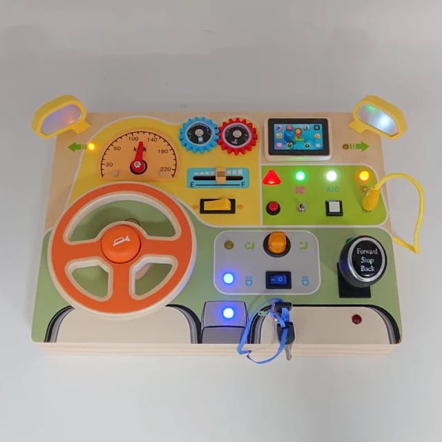 Natural Wood Car Driving Steering Wheel Montessori Busy Board with LED Lights, Engine Sounds, and Key Turn, Sensory Toy for Motor Skill Cogn