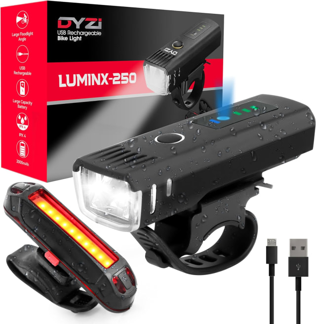 Dyzi Bike Lights - USB Rechargeable Ultra Bright Front & Back Bike Light Sets - 4 Light Modes With Daylight Sensor - Easy to Fit and Mount L