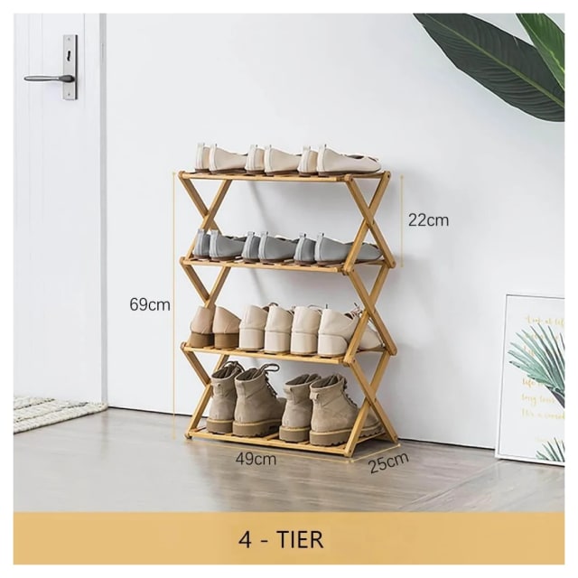 Bamboo Shoe Rack Portable Folding Shoe Storage Rack Without Installation 4Tier