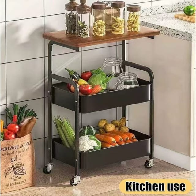 3 Tier Rolling Cart with Wooden Tabletop, 30in Lightweight Utility Cart with Lockable Wheels, Rolling Storage Organizer Cart for Kitchen, O